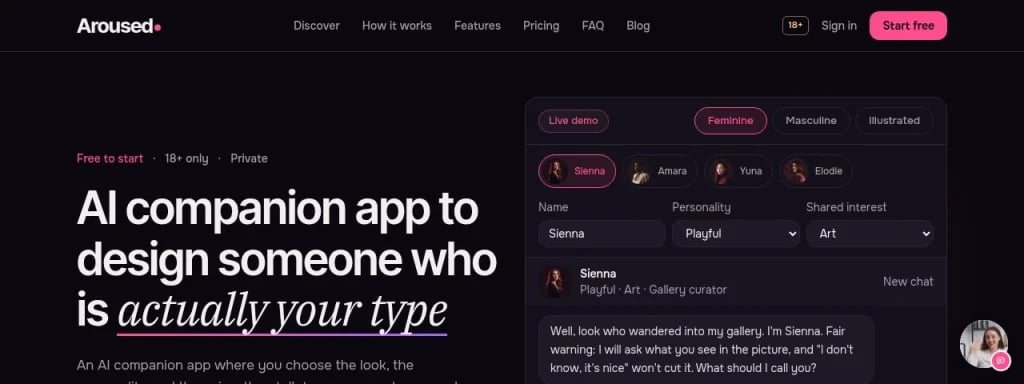 Aroused AI official homepage screenshot