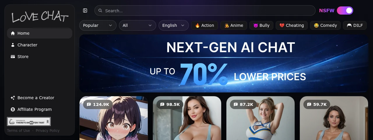 LoveChat AI official homepage screenshot