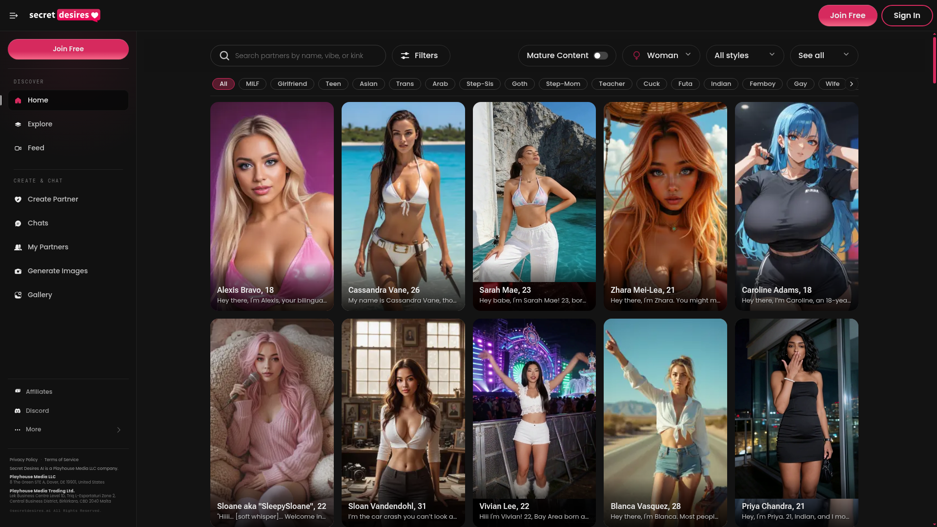 Secret Desires AI homepage