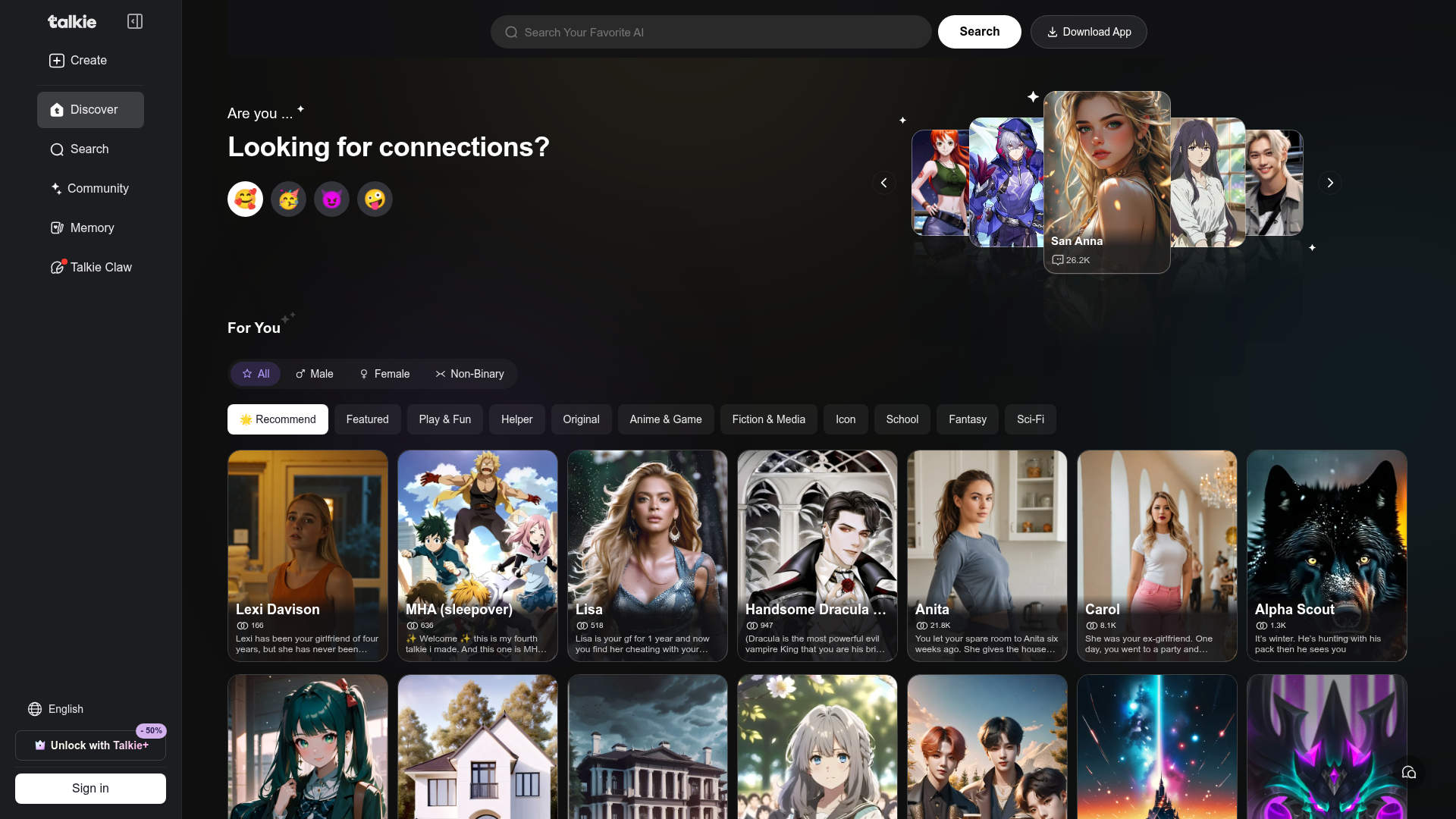 Talkie AI homepage