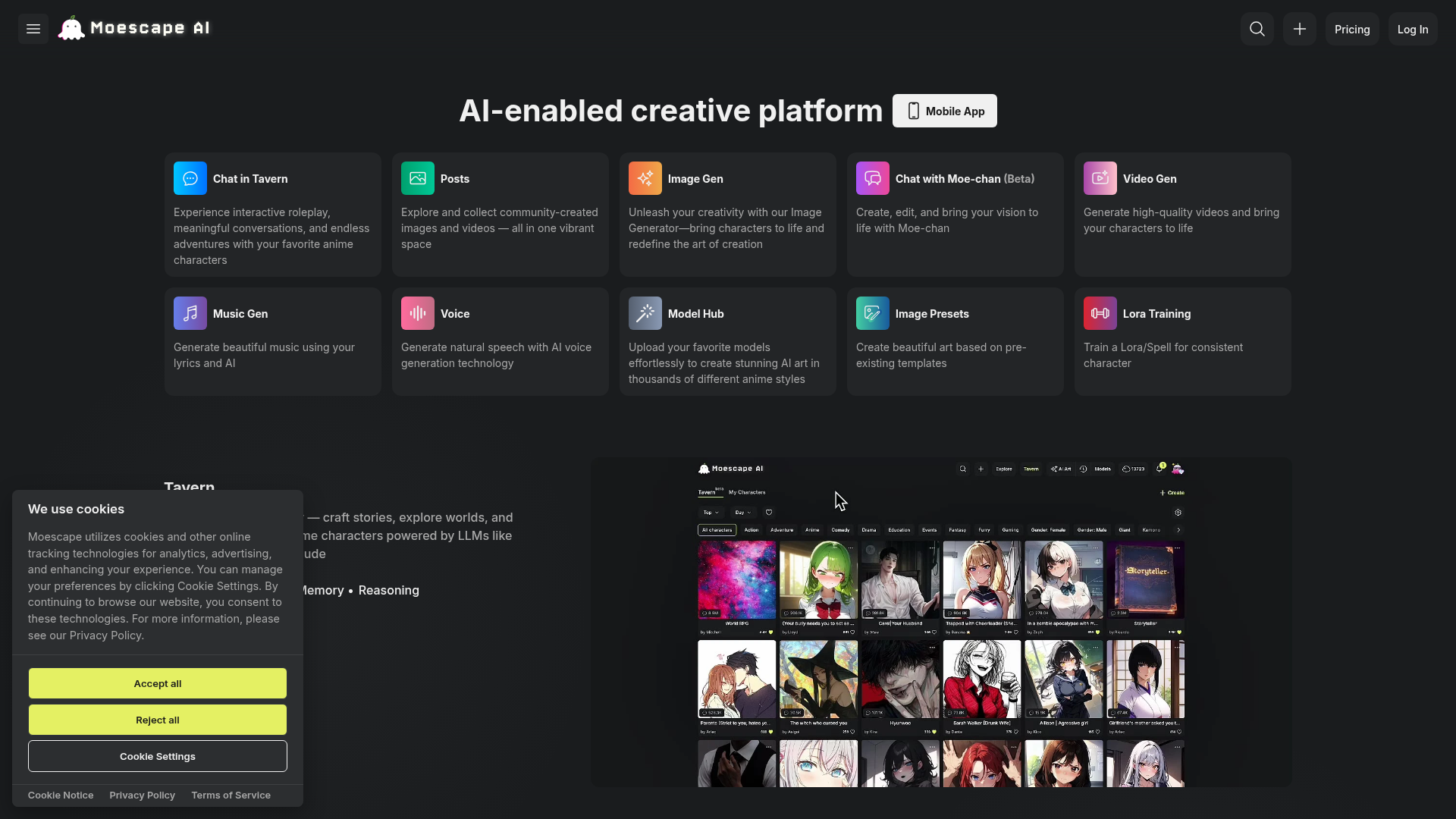 Moescape AI homepage